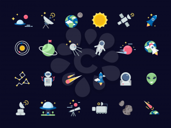 Space icons. Earth moon with sun and satellites asteroid views from telescope vector space icons in flat style. Illustration of earth and satellite, space rocket and moon, sun, asteroid, star