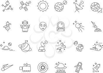 Linear space icons. Telescope shuttle astronauts at moon and various planets satellites. Vector mono line space pictures. Illustration of universe shuttle, ufo technology, star and asteroid line