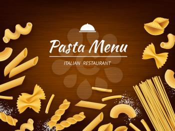 Pasta on table. Italian traditional food macaroni spaghetti fusilli with white flour for cooking vector realistic background. Macaroni and spaghetti food, italian pasta cooking illustration