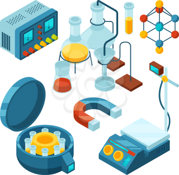 Science isometric. Chemical supporting laboratory testing biology attributes scientific glass tubes drugs microscope vector 3d pictures. Laboratory research experiment, chemical isometric illustration