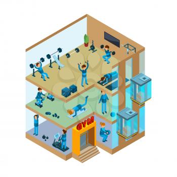 Fitness center interior. Gym sport club with classes for exercises and health massage vector isometric concept. Illustration of sport and fitness club center, equipment gym 3d isometric