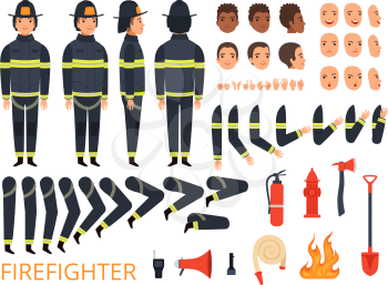 Fireman characters. Firefighter body parts and special uniform with professional tools combat fire extinguisher shovel axe vector. Illustration of firefighter constructor, professional uniform
