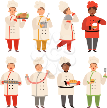 Cook characters. Chef at kitchen cooking various tasty food funny cartoon mascot in various poses. Chef cook character, cooking food for restaurant. Vector illustration