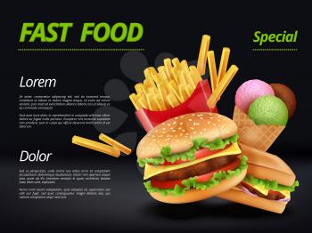 Fast food poster. Burger ingredients beef tomato cheese sandwich meal retro advertizing placard vector template. Illustration of burger and ice cream, cheeseburger delicious
