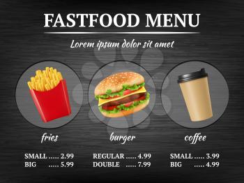 Fast food menu. Burger fries delicious restaurant collection vector design template. Illustration of hamburger and fries, coffee hot drink