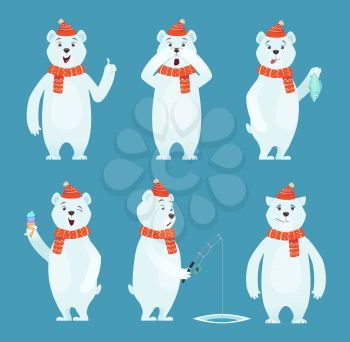 Polar bear cartoon. Ice snow white funny wild animal in different poses vector characters. White bear and winter polar animal illustration