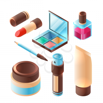 Beauty makeup accessory. Pink lipstick professional eye shadow plastic palette container vector isometric. Illustration of makeup isometric, beauty and lipstick