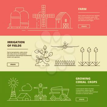 Farm symbols banners. Field wheat nature village and agricultural technique vector design template. Building and combine for agronomy farming illustration