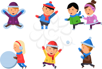 Winter kids clothes. Characters playing games in action poses cheering collection smile people snow boots cartoon flat mascots isolated. Happy boy, girl winter vacation, happiness holiday illustration