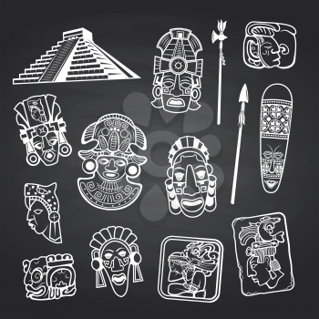 Vector cartoon aztec and maya mask elements set on black chalkboard background illustration. Aztec mask ethnic, idol ritual artwork