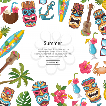 Vector cartoon summer travel elements tiki background illustration. Wev banner and poster with text