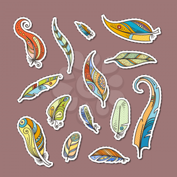 Vector boho doodle feathers stickers set illustration. Collection of colored feather