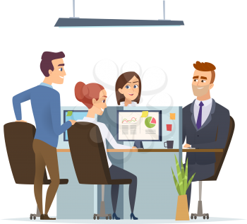 Office workplace team. Business managers male and female working and talking sitting table dialog of group people vector characters. Brainstorming in office, group team workspace illustration