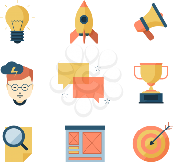 Seo smm business icons. Brainstorming communication campaigns marketing strategy vector symbols flat collection. Seo strategy brainstorming and solution illustration