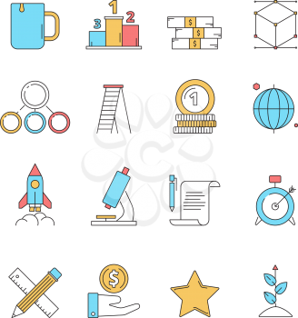 Colored startup icons. Business plan perfect innovation idea dreams entrepreneurship investors vector linear icon isolated. Start up strategy development icons, funding financial project illustration