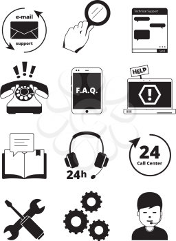 Service center black icons. Tech 24h support customer web chat help admin headset phone manager assistance people vector pictures. Service support call center, helpline monochrome illustration