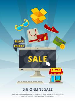 Shopping online. By products on website mobile app smartphone estore payment on pc vector background marketing placard or poster. Store online, payment shopping, e-shop service illustration
