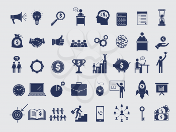 Business symbols collection. Diagram money managers at work bag handshake team arrows pc laptop vector icons isolated. Money and team, businessman people and goal illustration