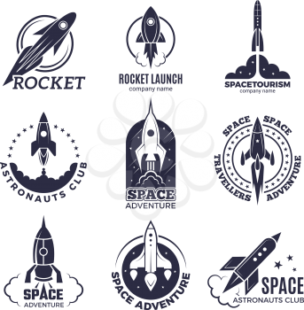 Space logotypes. Rockets and flight shuttle moon discovery business retro badges vector monochrome pictures. Illustration of spaceship and rocketship badge, adventure exploration