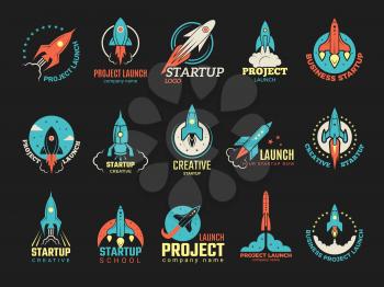 Startup logo. Business launch perfect idea spaceship rocket shuttle startup symbols vector colored badges. Illustration of rocket and spaceship, shuttle startup