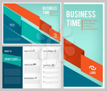 Trifold business brochure. 3 leaflet cover and pages design template business magazine with place for your text vector mockup. Illustration of leaflet mockup, trifold booklet publication