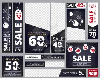 Web banners ad. Different sizes and shapes of advertizing business banners collection vector template isolated. Illustration of sale marketing holiday poster, discount xmas