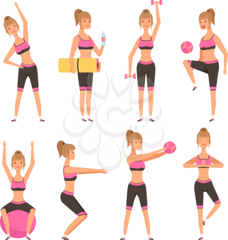 Fitness girl. Female sport character in various action poses in gym making cardio exercises. Illustration of fitness female in gym, sport exercise for body