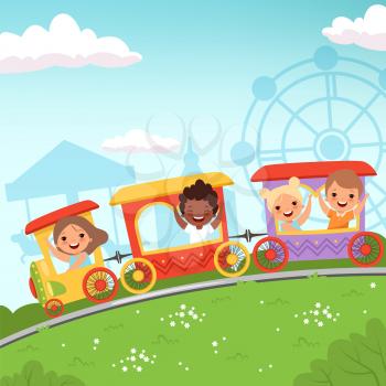 Roller coaster kids. Attraction children riding in amusement park vector cartoon action background. Illustration of recreation in park