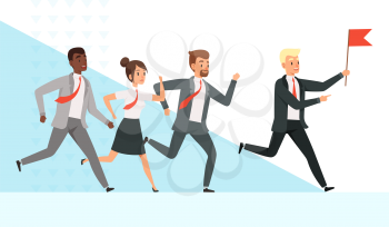 Business people running. Workers managers male female goes with their mentor leader director red flag hand leadership vector concept. Leader business with flag, leadership man manager illustration