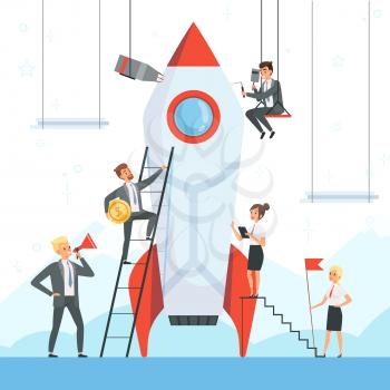 Startup concept. Business characters launch new project shuttle rocket symbols success startup freedom dream ship vector illustration. Business team startup, launch and development spaceship
