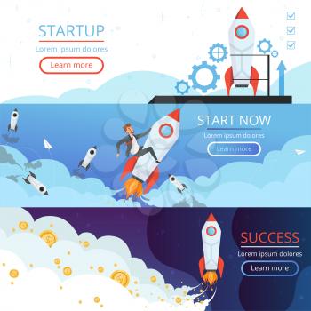 Startup banners. New idea or creative business launch rocket ship or shuttle symbol of first project vector concept pictures. Rocket ship startup, idea business launch illustration
