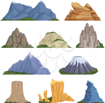 Rockies mountains. Volcano rock snow outdoor various types of relief for climbing and hiking vector cartoon illustrations. Volcano rock, mountain and hil, rocky peak