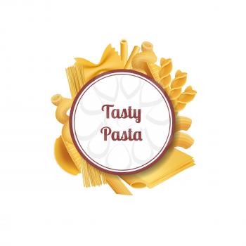 Vector realistic pasta types under circle with place for text illustration isolated on white background