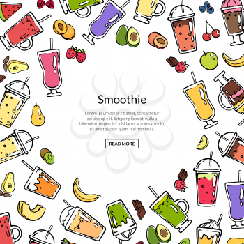 Vector doodle colored smoothie drink background illustration. Banner smoothie fruit fresh drink, cocktail delicious