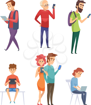 People with gadgets. Male female kids student lifestyle smartphones tablets laptop mobile phone chatting smart pad vector characters. Illustration of female and male with phone and tablet