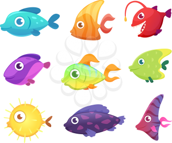 Cartoon fish. Underwater ocean sea animals for games vector pictures. Illustration of underwater fish for game, sea and aquarium life
