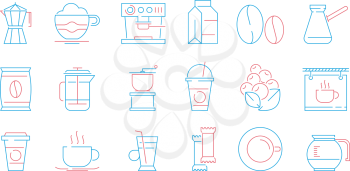 Coffee cup icons. Hot drinks tea and coffee espresso cup and mug pot cake food vector linear symbols. Illustration of coffee and tea mug, drink cup mocha linear