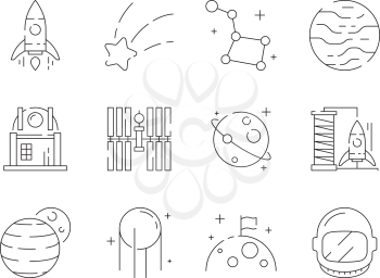 Space thin icon. Universe earth discovery astronaut rocket observatory stars telescope alien vector outline symbols. Satellite and rocket, discovery planet illustration