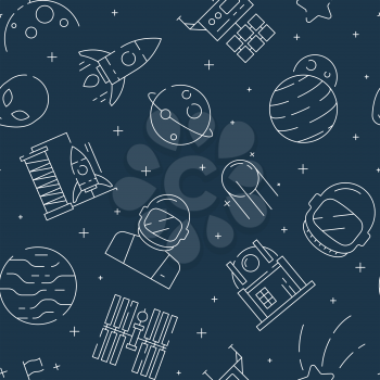 Space seamless pattern. Futuristic universe background with astronaut shuttle rocket stars and planets vector textile design project. Futuristic universe and planet, pattern cosmos sky illustration