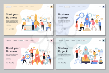 Startup landing pages. Web business sites design templates office managers director successful people launch startup vector symbols. Illustration of startup project, promotion and teamwork