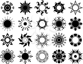 Sun silhouettes icon. Weather summers hot sunshine black graphic symbols vector isolated. Illustration of silhouette black monochrome sun collection