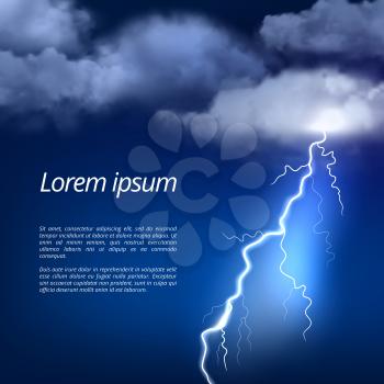 Storm background. Thunderstorm weather rainy clouds night sky with dramatic power glow lightning strike vector realistic picture. Light power strike electricity, dangerous weather illustration