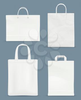 Shopping bag mockup. Paper handle plastic paper bag vector realistic blank template isolated. Package bag for merchandise illustration