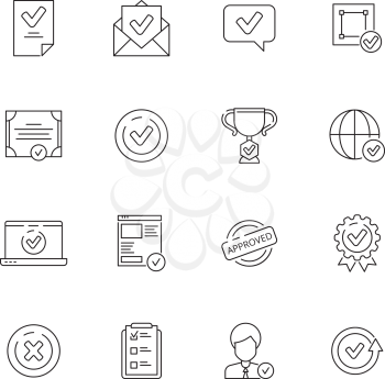Approved icons set. Checked compliance inspection tools simple lines vector symbols. Illustration of outline approved check icon thin for document