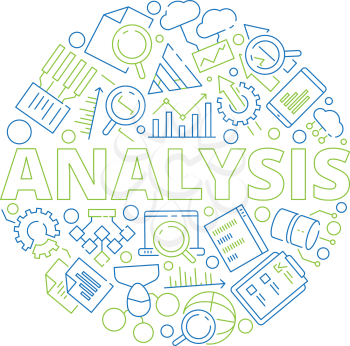 Data management concept. Data analysis symbols in circle shape business strategy graphics vector thin icon collection. Illustration of optimization and development analysis icon on form circle