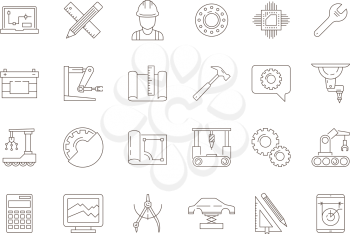 Engineering symbols. Manufacturing civil chip mechanical electrical tools vector thin line icon collection. Illustration of mechanical tool and engineering manufacturing
