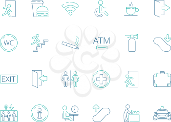 Public symbols. Navigate pictogram disabled toilet wifi bathroom vector public icon collection. Airport icon service, swaddle and taxi, luggage and cafe illustration