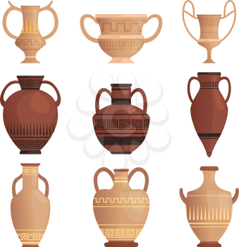 Clay jug. Ancient amphora with pattern greek cup and other vessel vector cartoon pictures isolated. Illustration of clay old ancient vase, antique jar