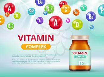 Vitamins poster. Medical bottles with multivitamins mineral colored pills vector healthcare medical concept advertizing placard. Illustration of medical pill vitamin, health supplement