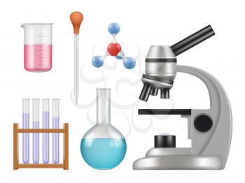 Chemical lab items. Science laboratory collection bottles microscope glass tubes biology vector realistic tools. Illustration of lab experiment, biology and chemical